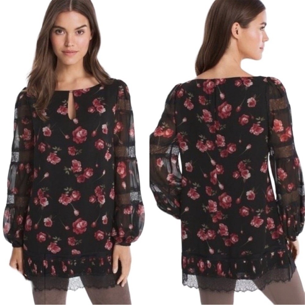 Euc White House Black Market Lace Trim Floral Tunic Top